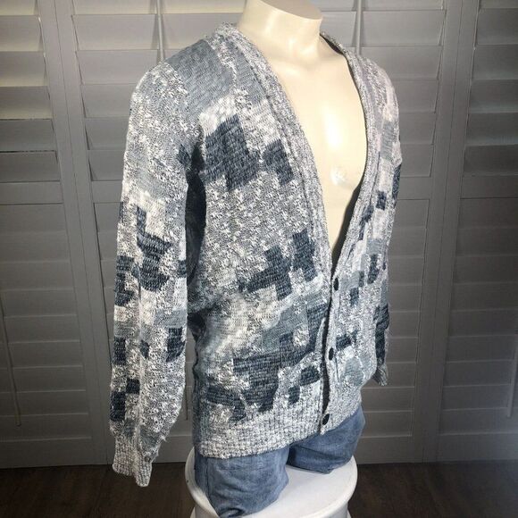Vtg 90s Men's Michael Gerald Cardigan Acrylic Sweater M Gray White Blue Grandpa - Picture 2 of 12